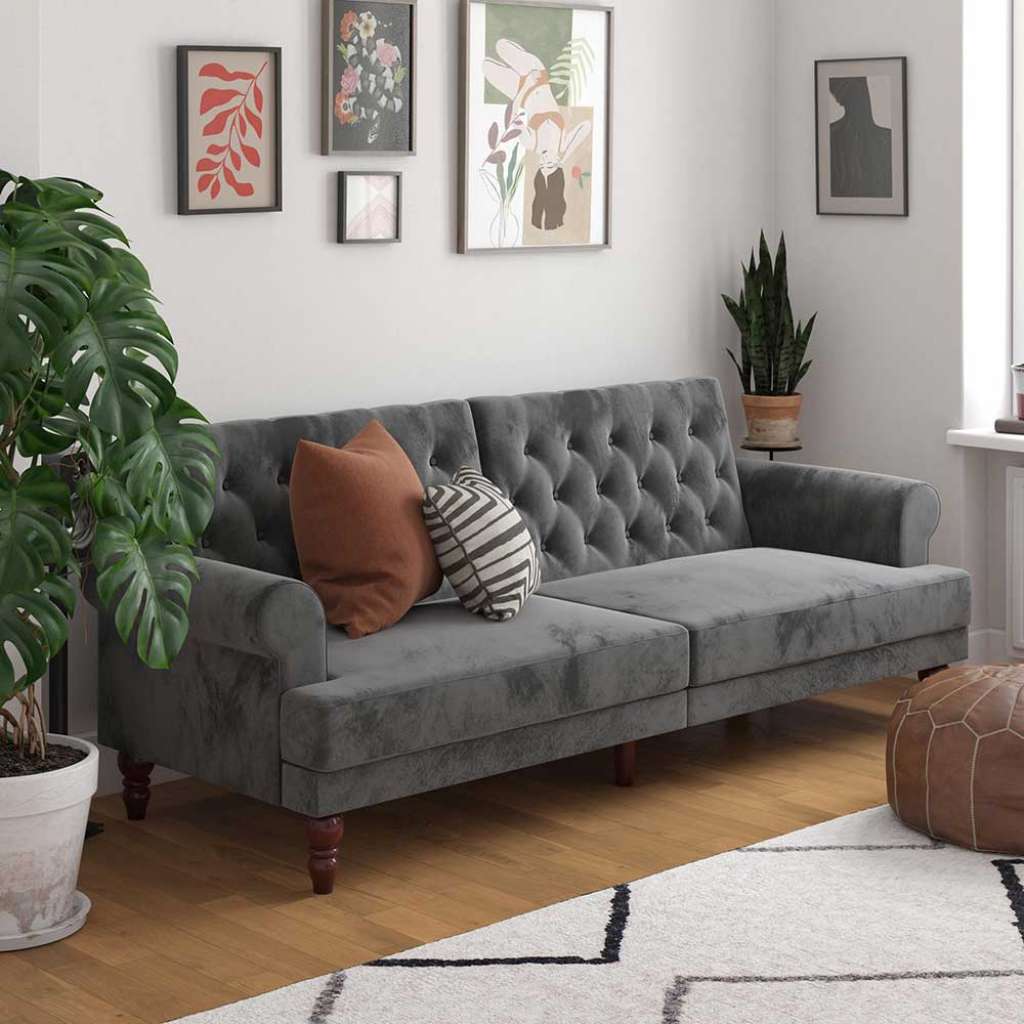 Samt Schlafsofa grau mit Rücken Klappmechanik Armlehnen