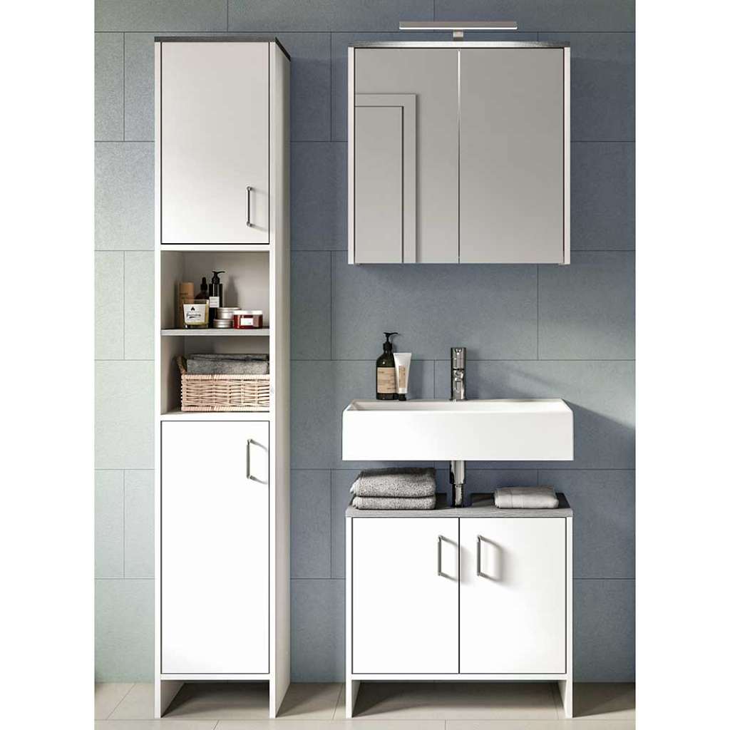 Waschplatz Set mit Spiegelschrank in Weiß Rauchsilber (dreiteilig)