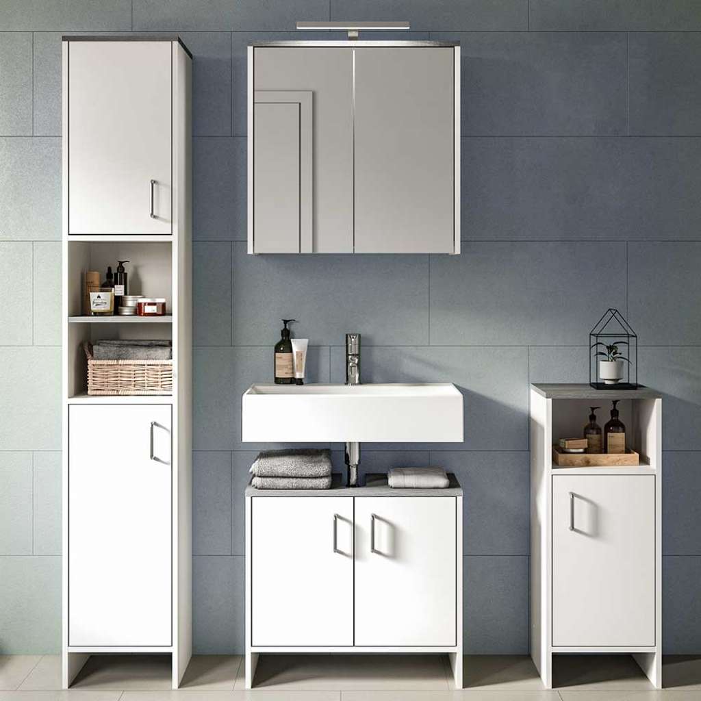 Modernes Badezimmermöbelset in Weiß und Rauchsilber 180 cm hoch (vierteilig)