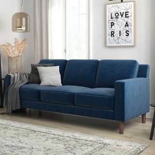 Samtsofa im Retrostil Vierfußgestell aus braunem Holz