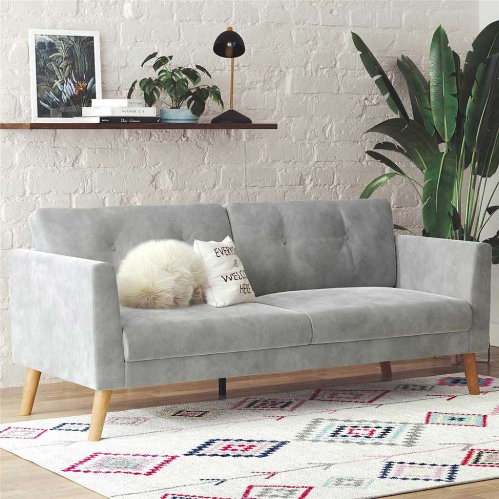 Dreisitzer Sofa hellgrau Retro mit Bezugsstoff Samt