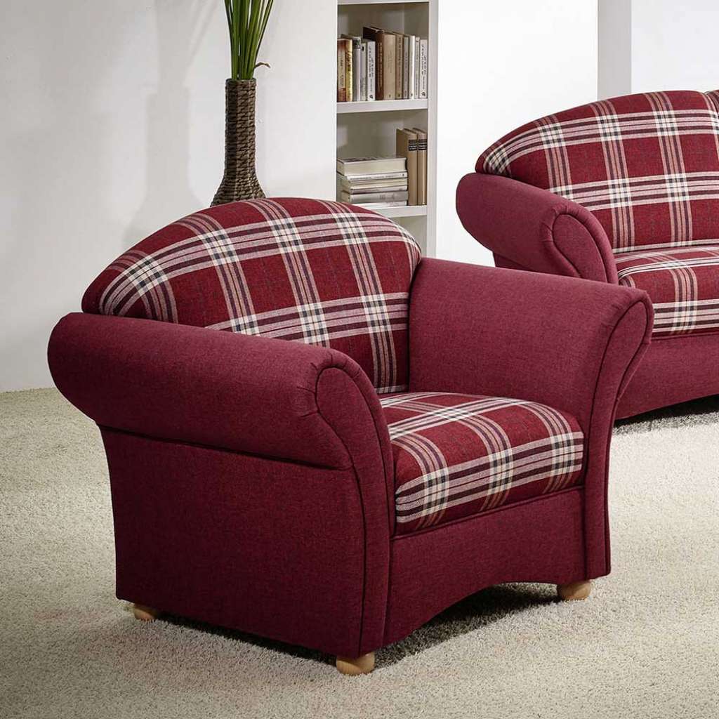 Einzelsessel rot kariert im Landhausstil Vierfußgestell aus Holz