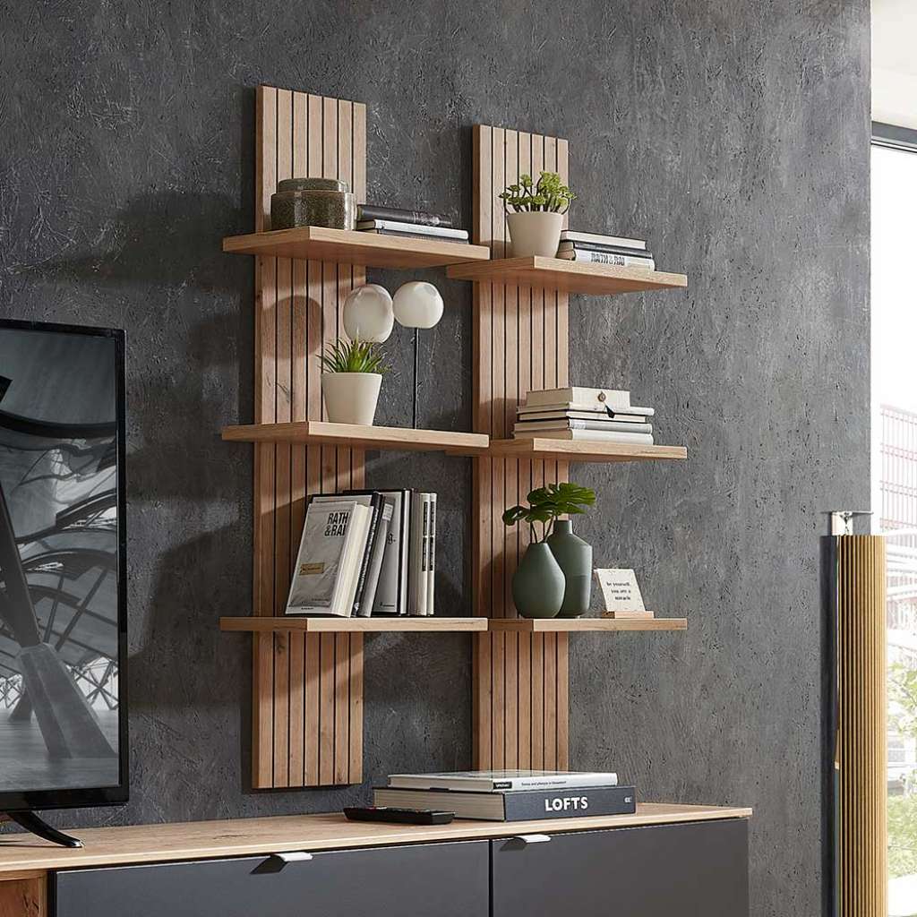 Hängeregal Wohnzimmer modern in Wildeichefarben 120 cm hoch