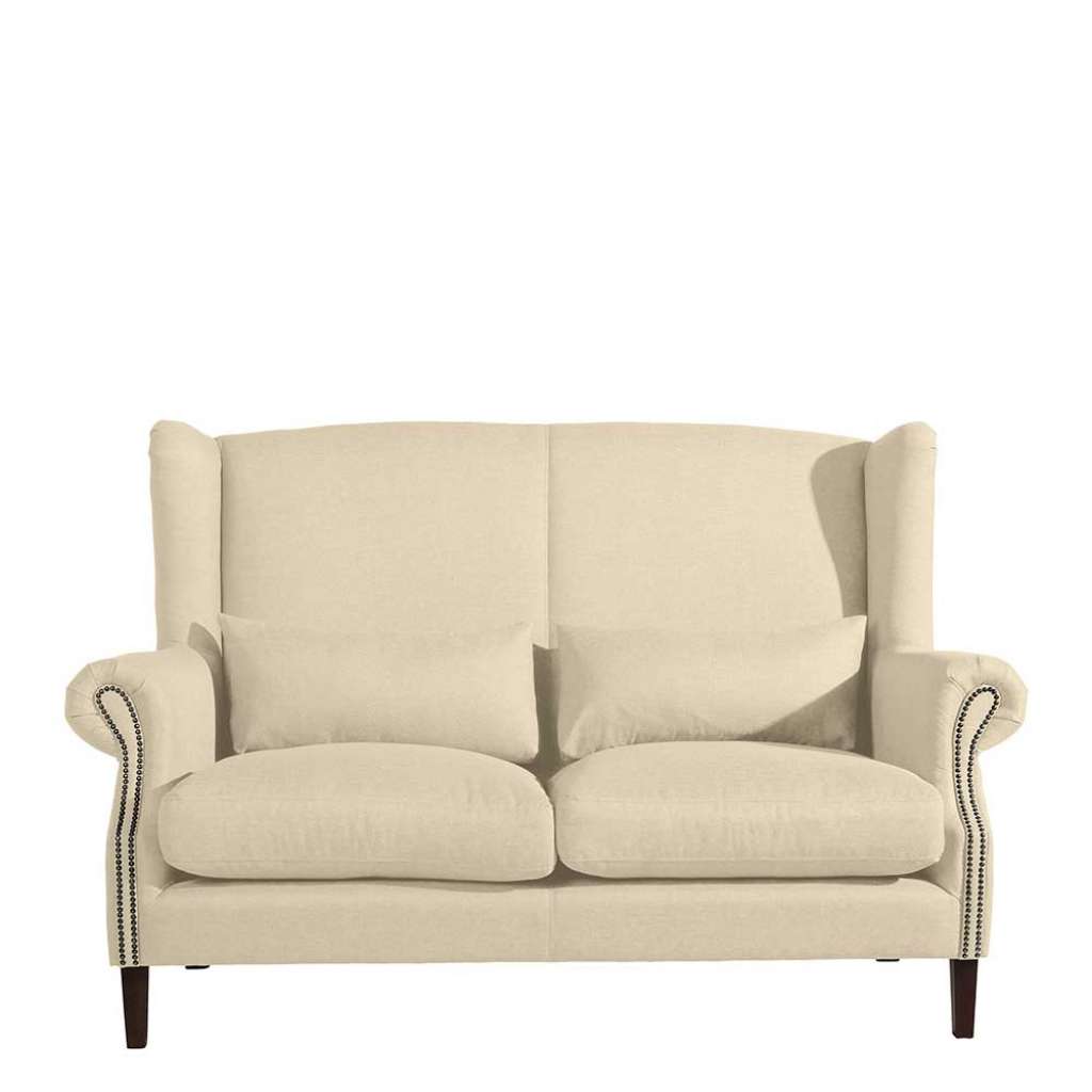 Zweiersofa Creme Stoff mit Vierfußgestell aus Holz Nussbaumfarben