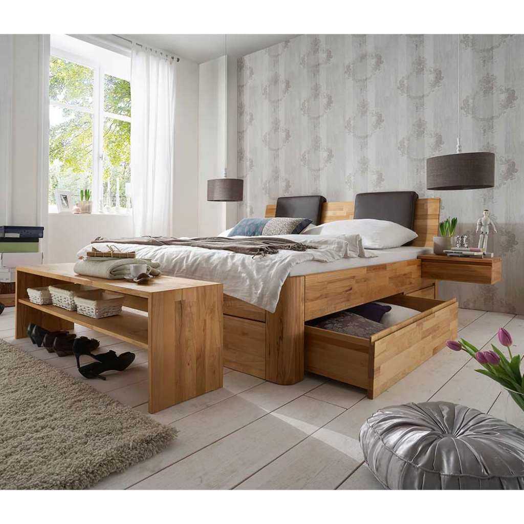 Schlafzimmerset modern Holz in Kernbuchefarben Bettkasten (vierteilig)