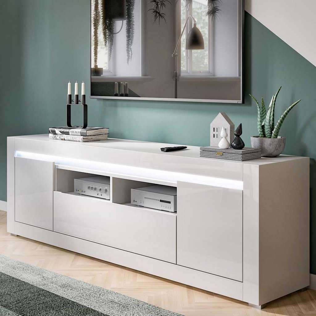 TV Möbel weiss modern mit LED Beleuchtung 59 cm hoch - 173 cm breit