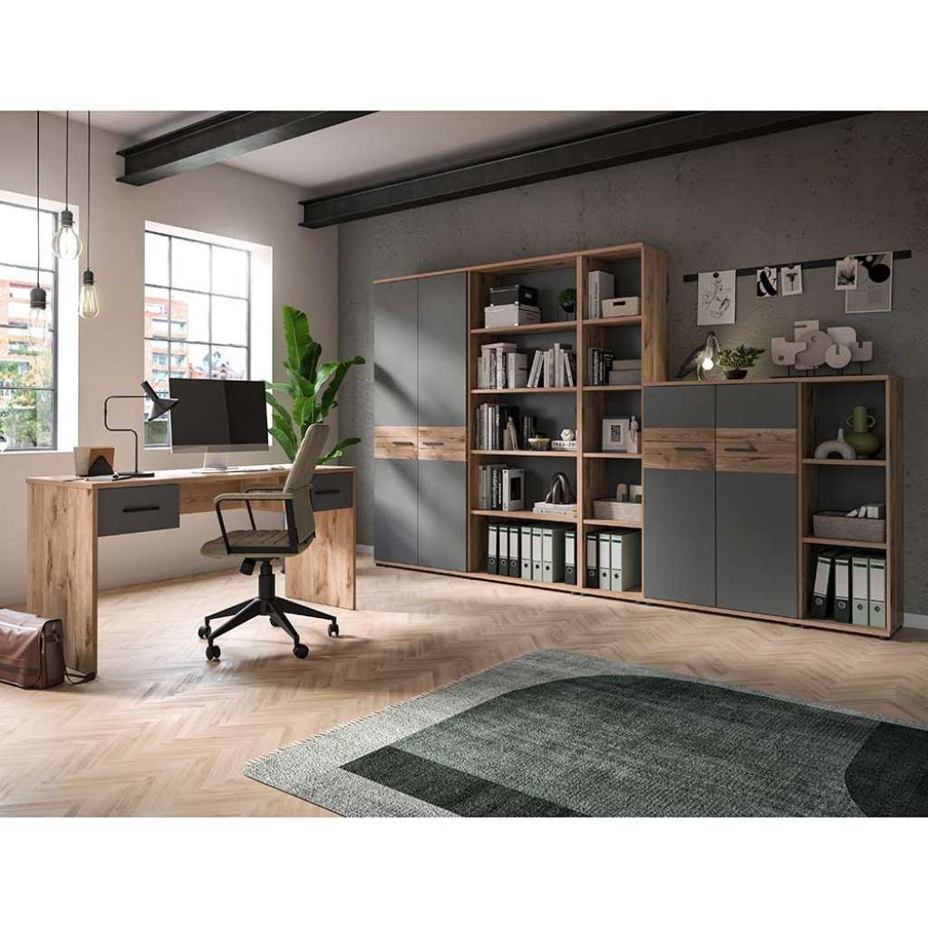 Bürokombination modern in Wildeichefarben Grau (sechsteilig)