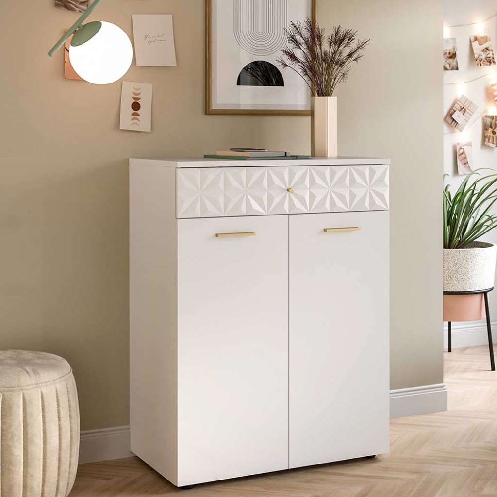 Flur Kommode Weiss mit Drehtüren und Schublade modernem Design