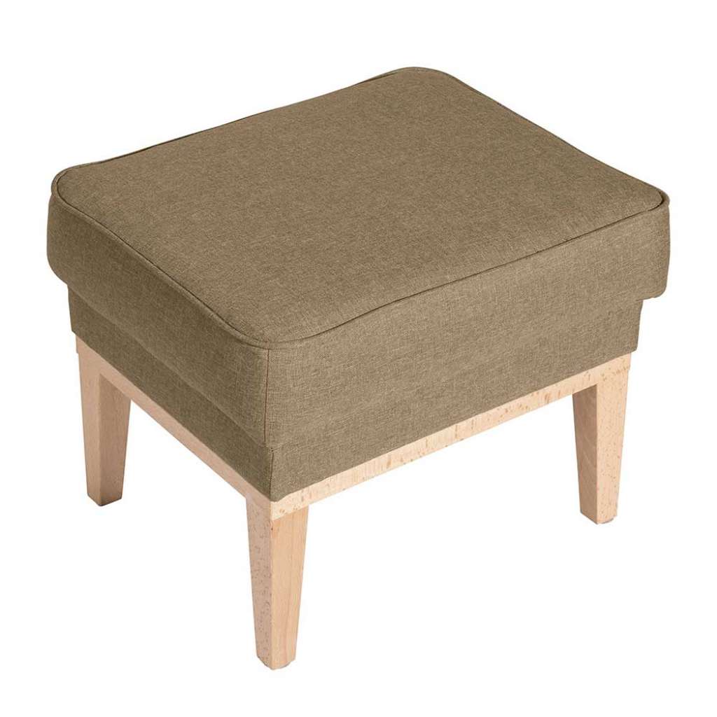 Polsterhocker Beige Stoff mit Vierfußgestell aus Holz Buchefarben