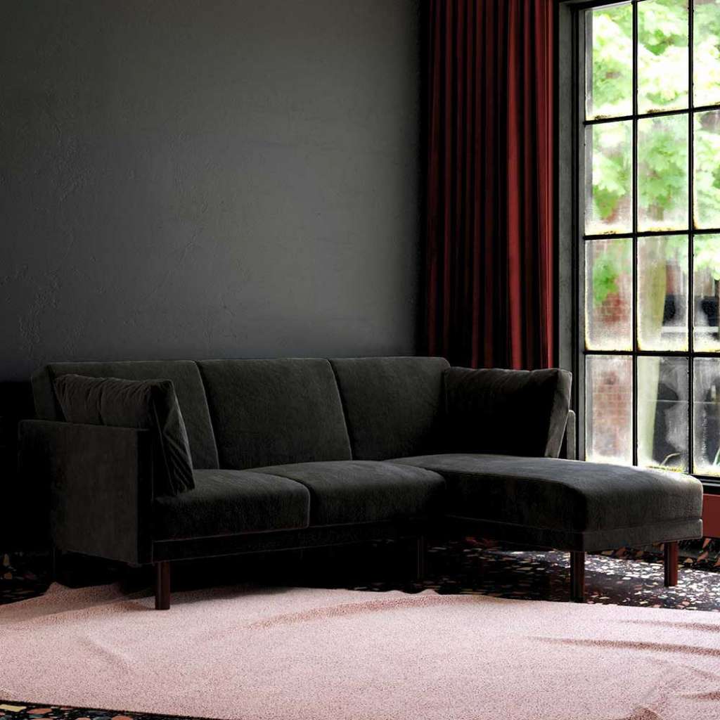 Schwarzes Samt Ecksofa in modernem Design 43 cm Sitzhöhe