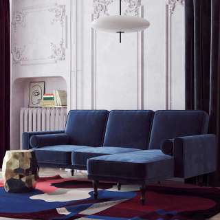 Funktionsecke blau Samt mit Rücken Klappmechanik 210 cm breit