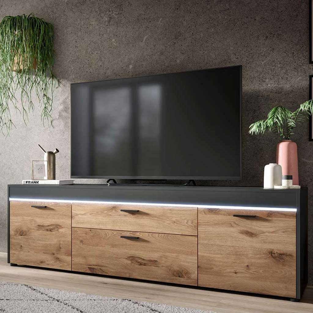 Moderner Fernseh Unterschrank in Wildeichefarben Dunkelgrau