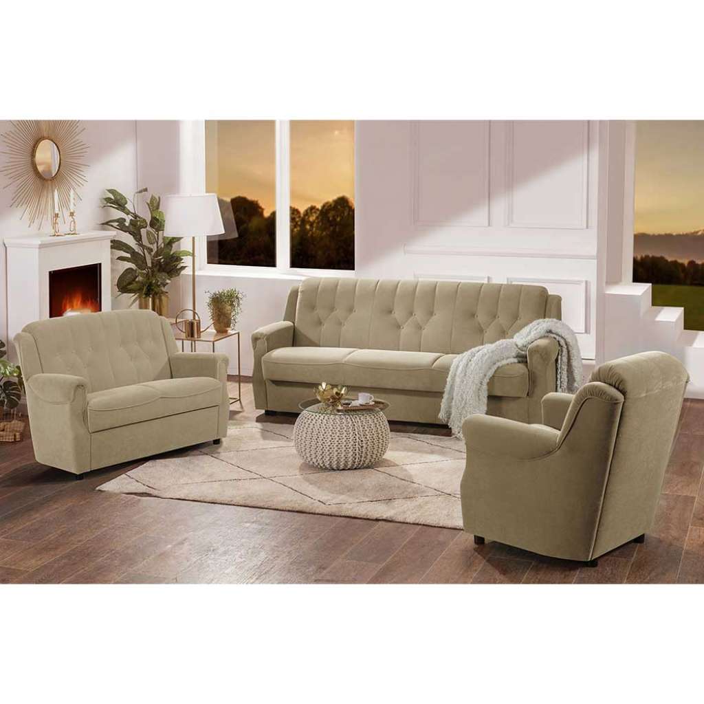 Klassische Polstergarnitur in Beige aus Flockstoff Made in Germany (dreiteilig)