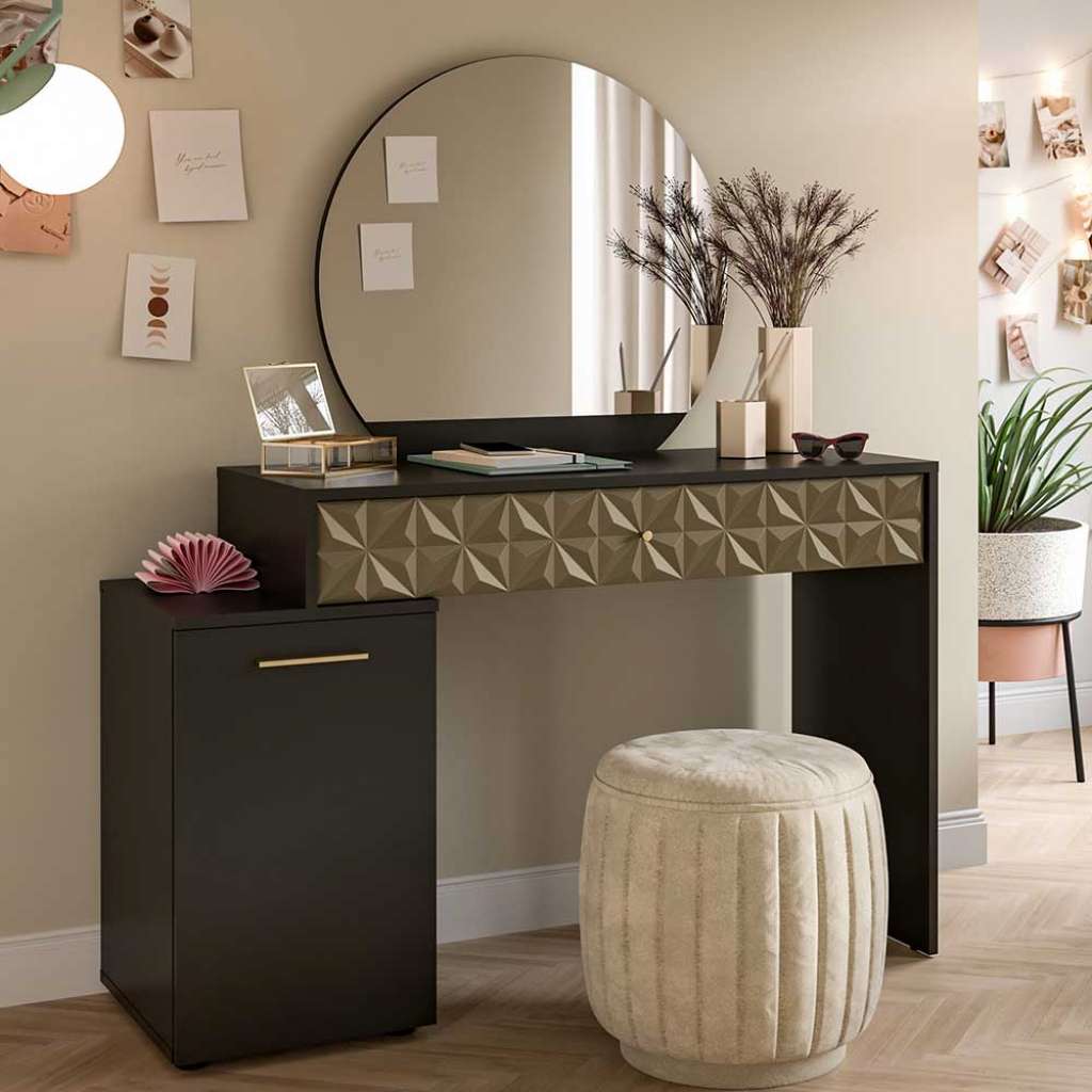 Schminkkommode mt Spiegel in Schwarz und Gold einer Schublade