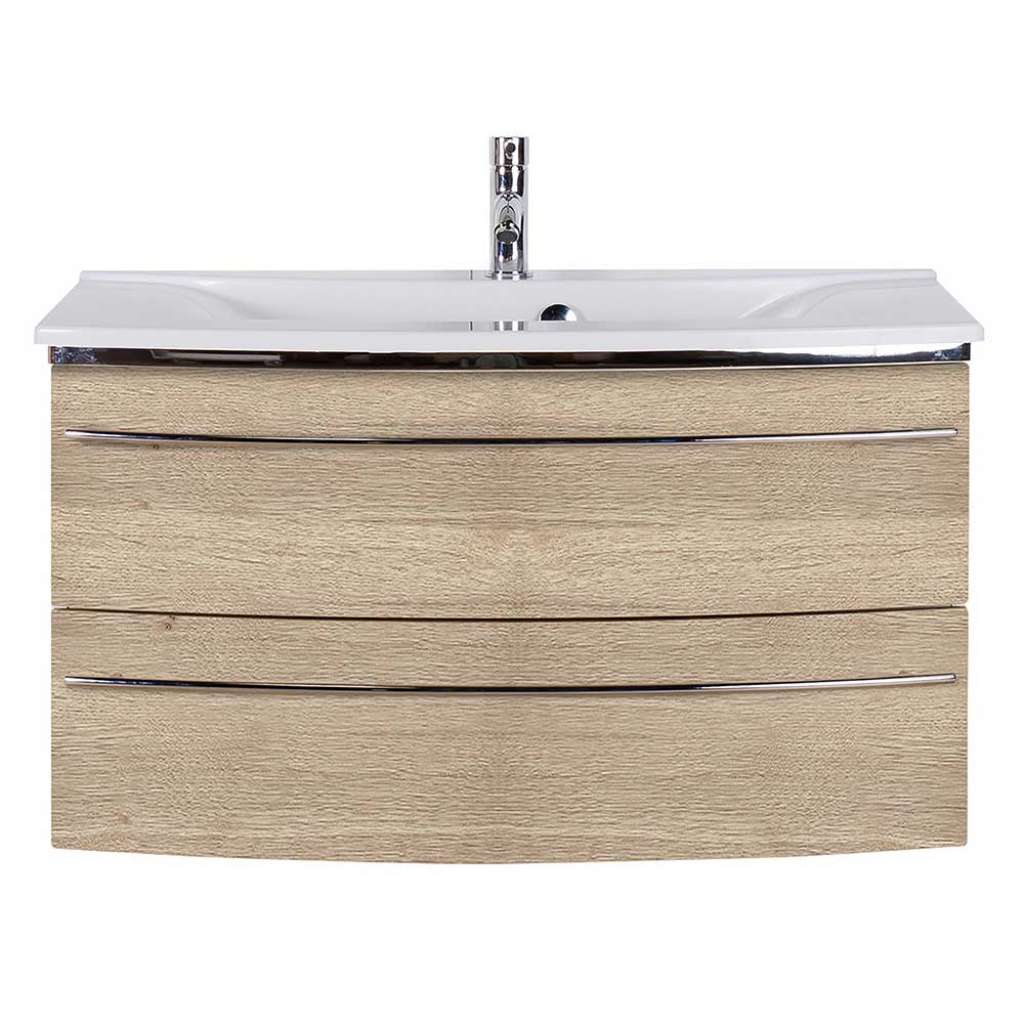 Waschtischschrank Wandmontage in Eichefarben einem Einlasswaschbecken