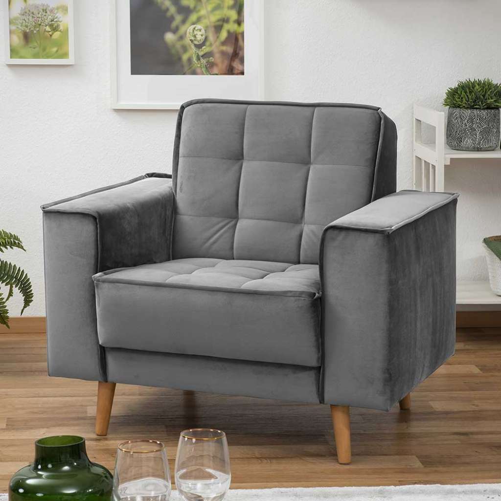 Sessel in Anthrazit Retro aus Samtvelours Federkern Polsterung