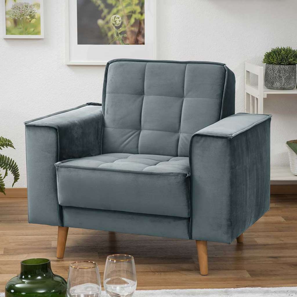 Einzelsessel blaugrau Retro aus Samtvelours 45 cm Sitzhöhe