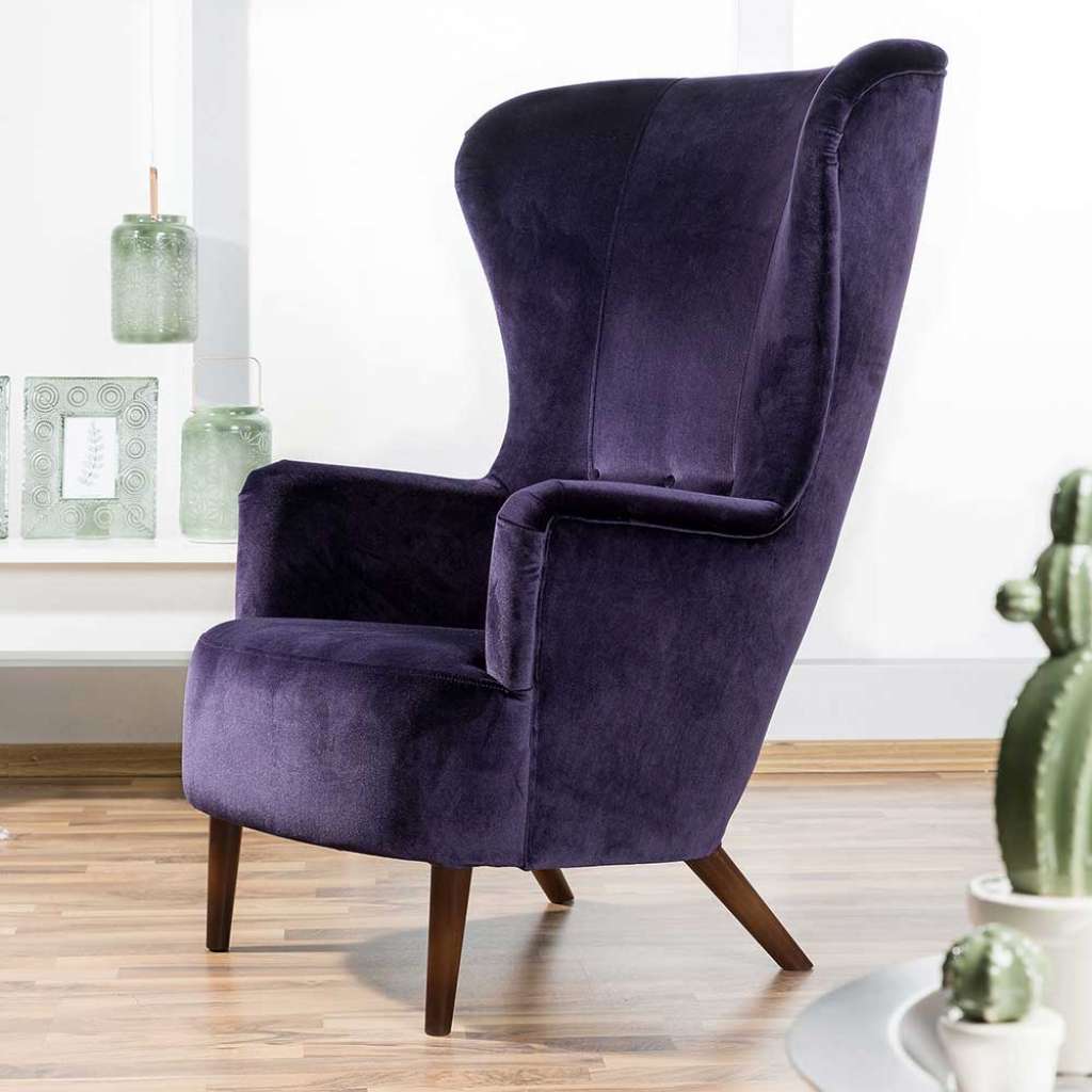 Ohrenbackensessel Violett aus Samtvelours Vintage Look