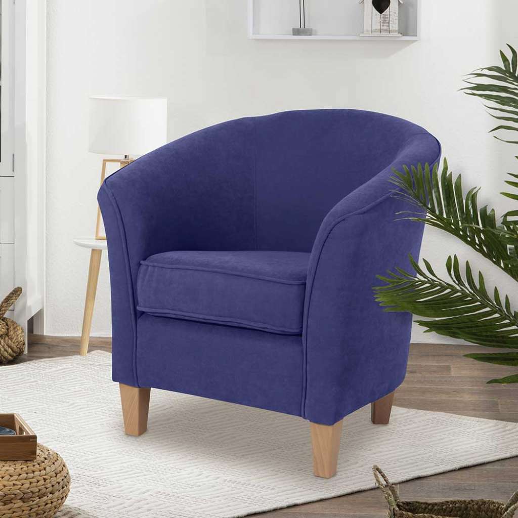 Blauer Lounge Sessel aus Velours Vierfußgestell aus Holz