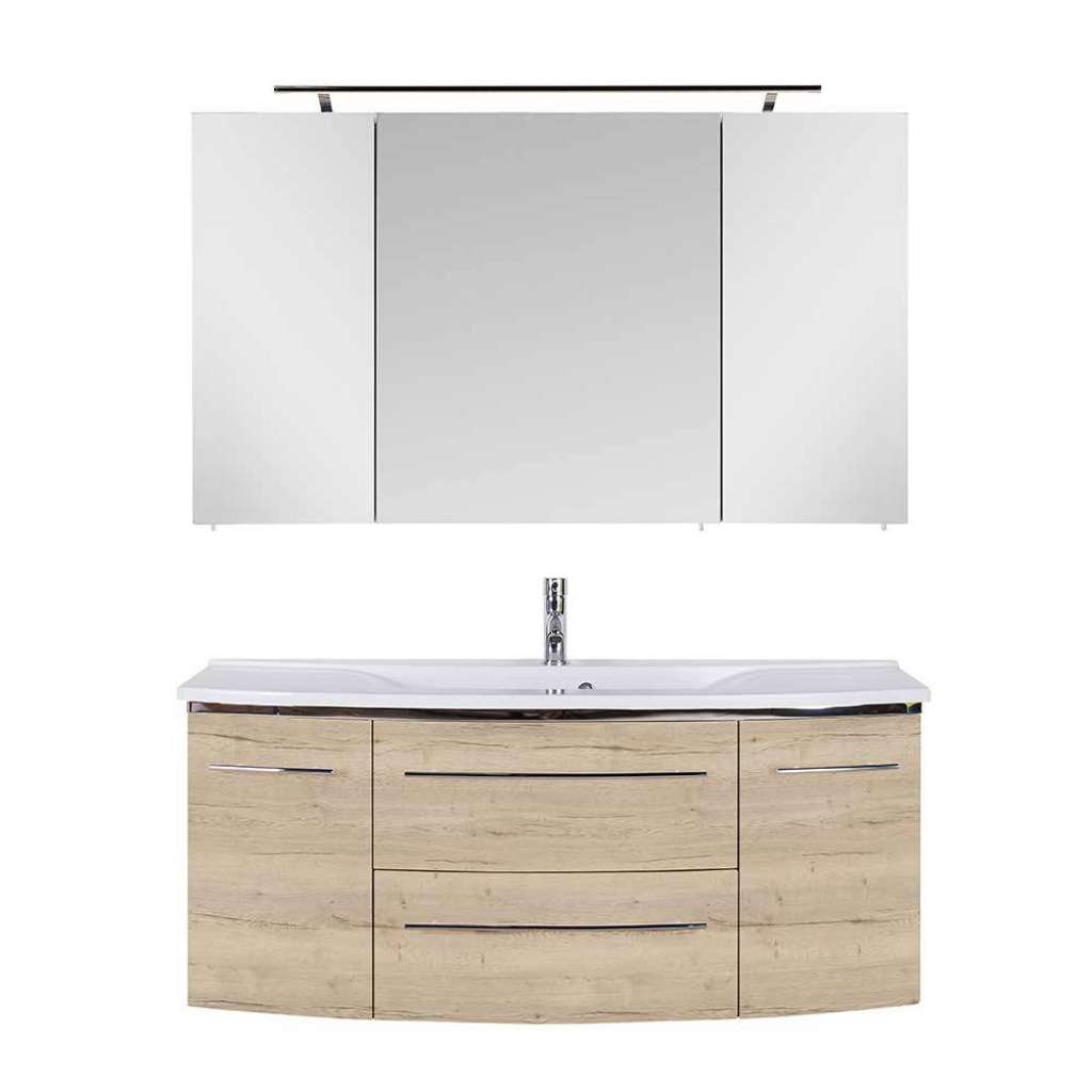 Badmöbel Holzoptik Eiche Bianco 122 cm breit Made in Germany (zweiteilig)