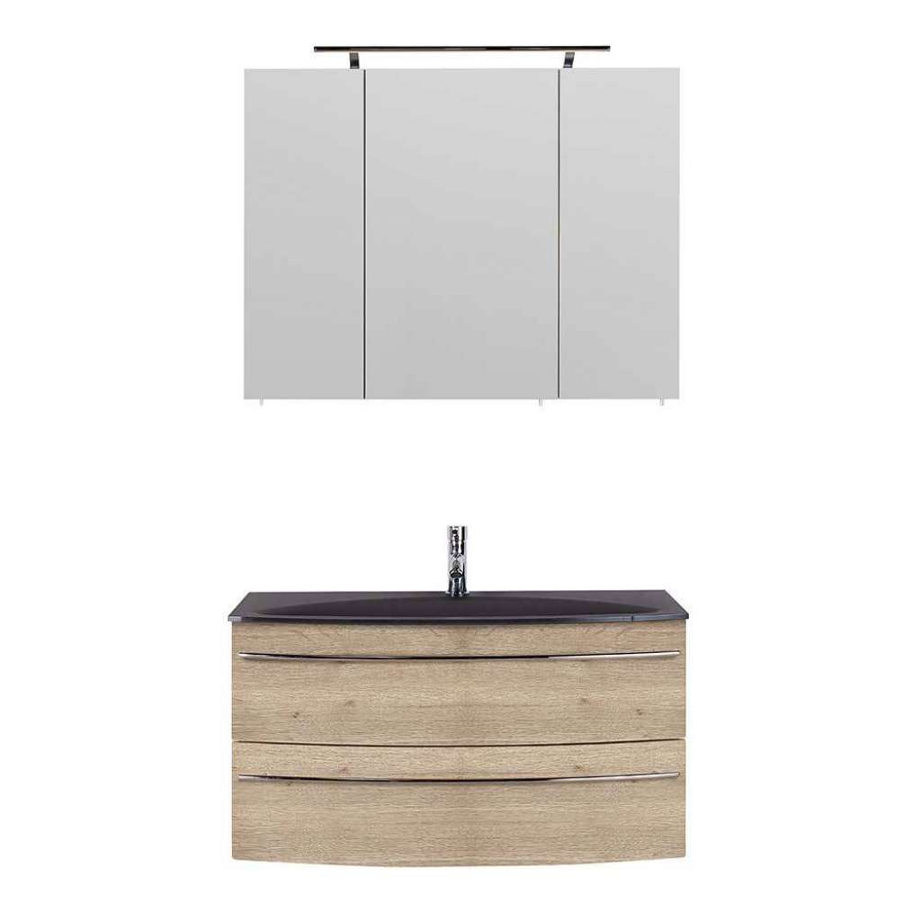 Badmöbel Set Wandmontage in Eichefarben LED Beleuchtung (zweiteilig)