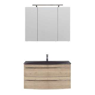 Badmöbel Set Wandmontage in Eichefarben LED Beleuchtung (zweiteilig)