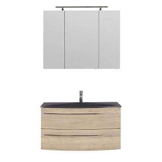 Waschplatz mit Spiegelschrank in Eiche Bianco Touchwood Made in Germany (zweiteilig)