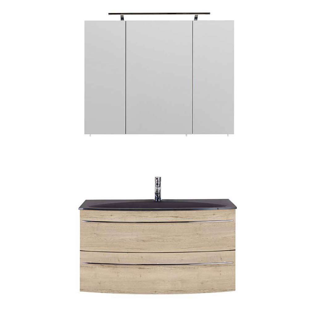 Waschplatz mit Spiegelschrank in Eiche Bianco Touchwood Made in Germany (zweiteilig)