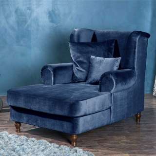 Longchair Landhaus Stil in Dunkelblau Samtvelours Bezug