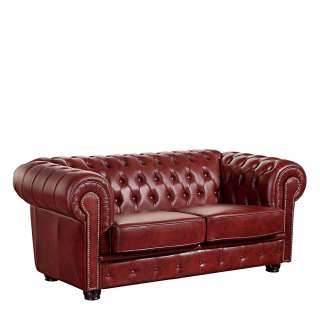 Chesterfield Zweisitzer Sofa in Dunkelrot Echtleder mit Zierknöpfen