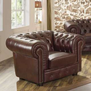 Chesterfield Clubsessel Leder in Braun Vierfußgestell aus Holz
