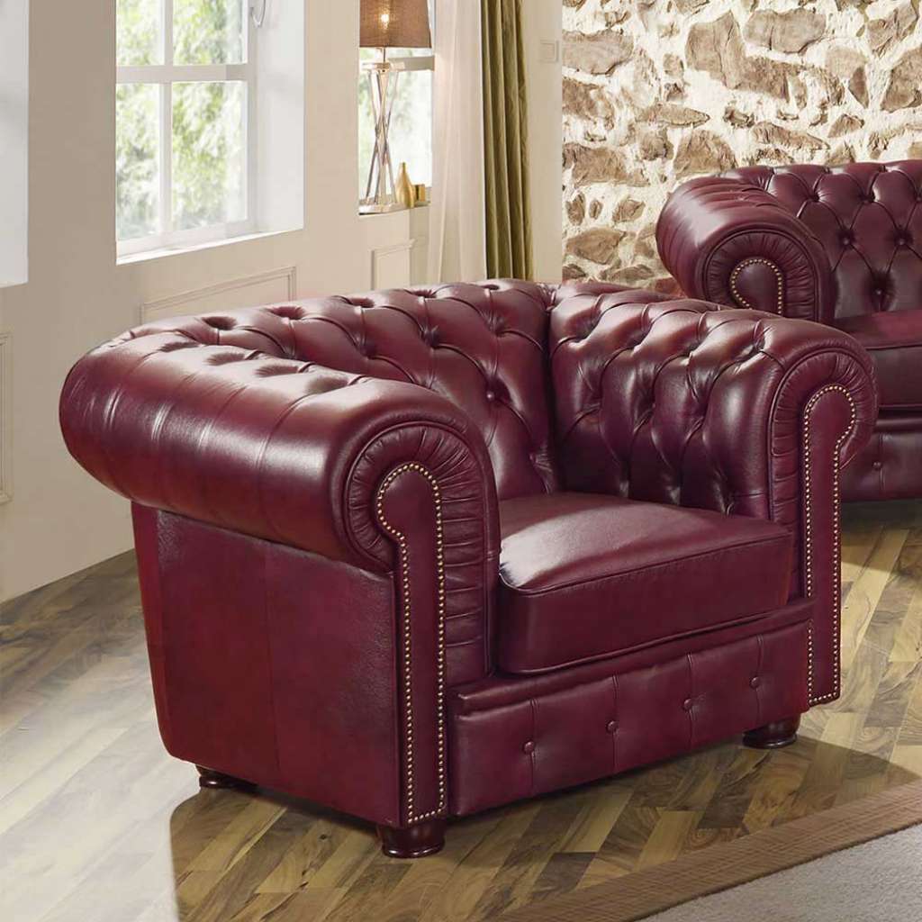 Chesterfieldsessel in Dunkelrot Echtleder Bezug