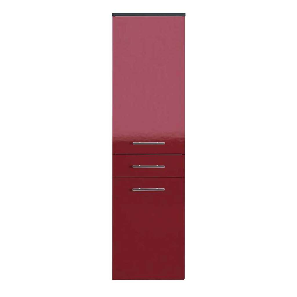 Badmidischrank montiert in Rot und Anthrazit Glanz Made in Germany