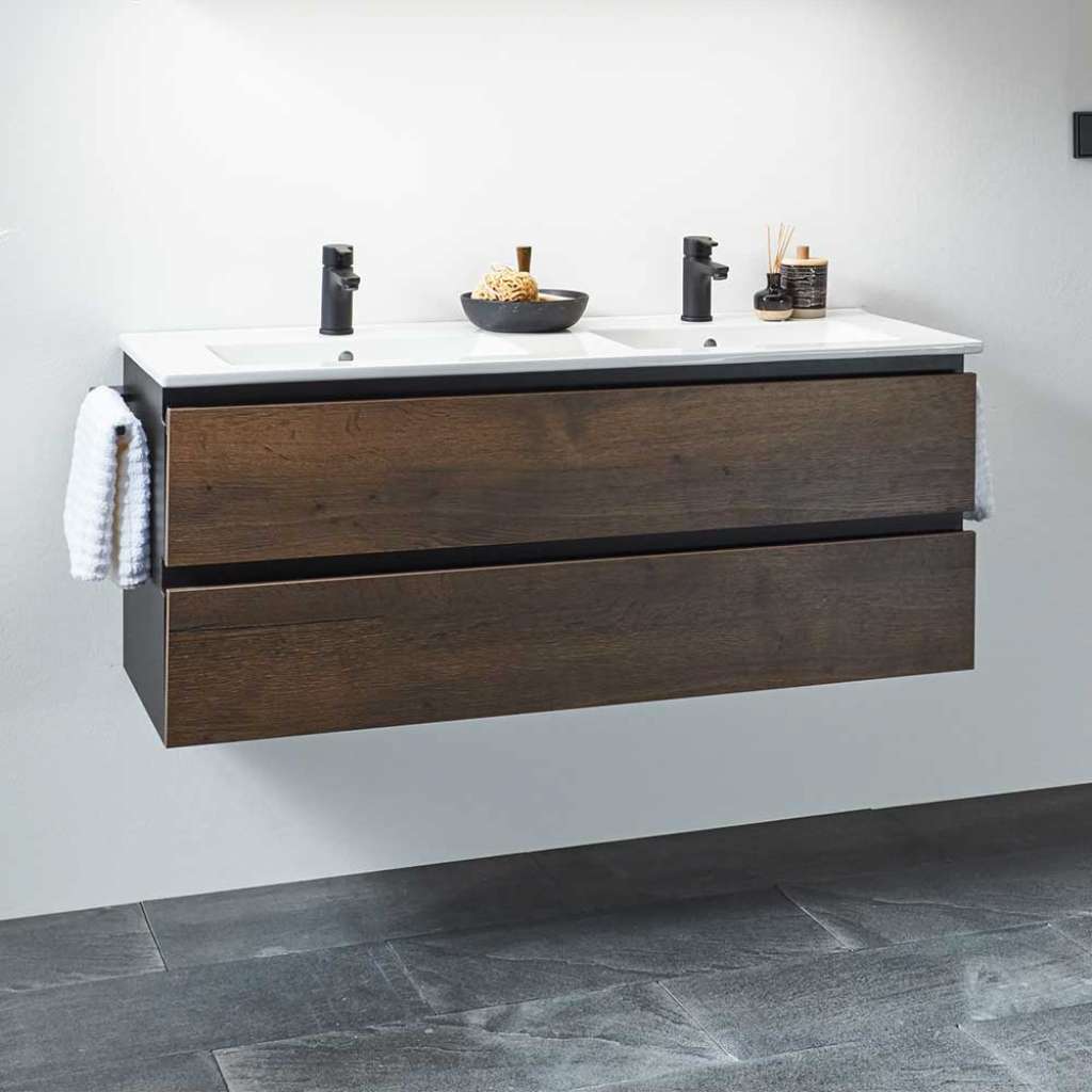 Doppel Waschtischkonsole mit Becken Eiche dunkel und Schwarz