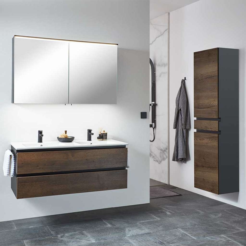 Badmöbel Set Holzoptik in modernem Design LED Beleuchtung (dreiteilig)