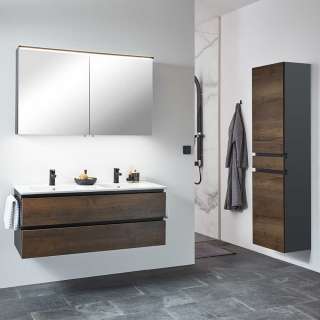Badmöbel Set Holzoptik in modernem Design LED Beleuchtung (dreiteilig)