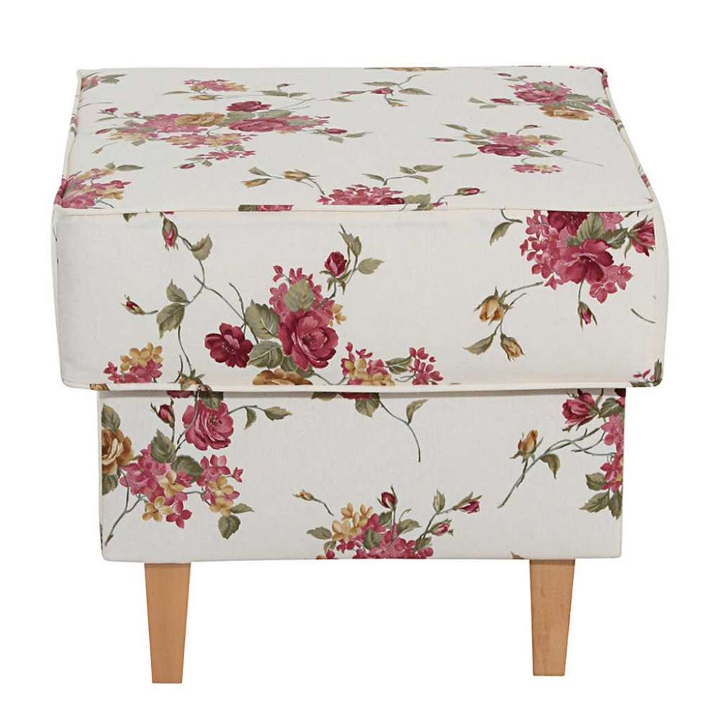 Polsterhocker Blumen Beige im Landhausstil Vierfußgestell aus Holz