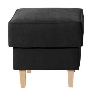 Hocker Velour Schwarz in quadratischer Form Vierfußgestell aus Holz