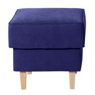 Hocker Velour Blau mit Vierfußgestell aus Holz Buchefarben