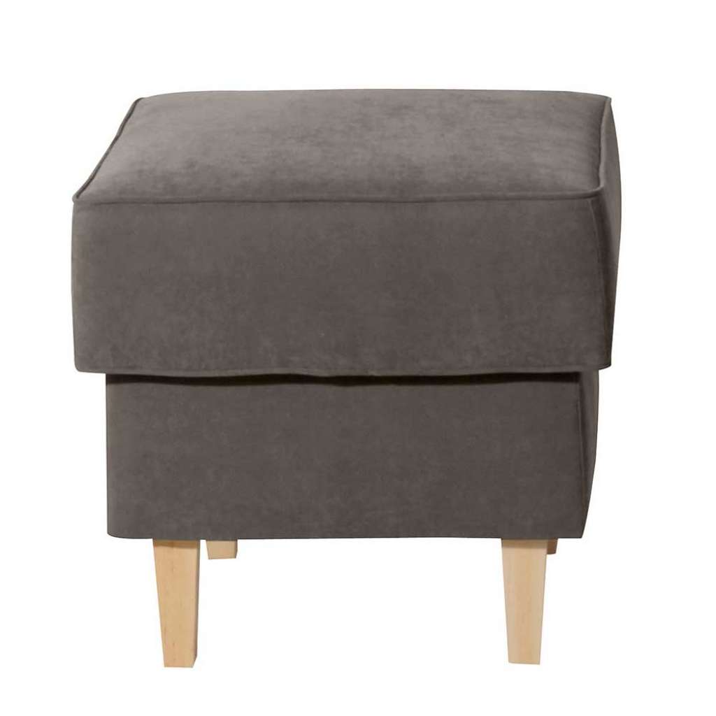 Polsterhocker Graubraun Velour mit Vierfußgestell aus Holz Buchefarben