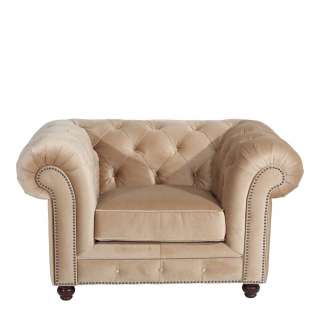 Sessel im englischen Stil in Beige Samtvelours und Buchenholz