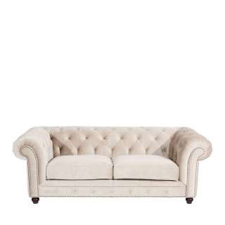 Dreier Sofa Creme aus Samtvelours und Holz Chesterfield Look