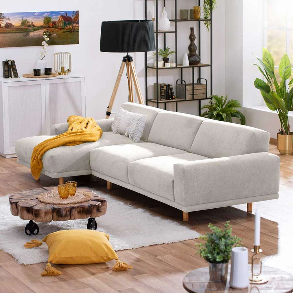 Hochwertiges Ecksofa in Silbergrau und Eichefarben Skandi Design