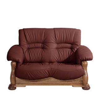 Ledersofa für 2 Personen in Dunkelrot und Eiche rustikal Made in Germany