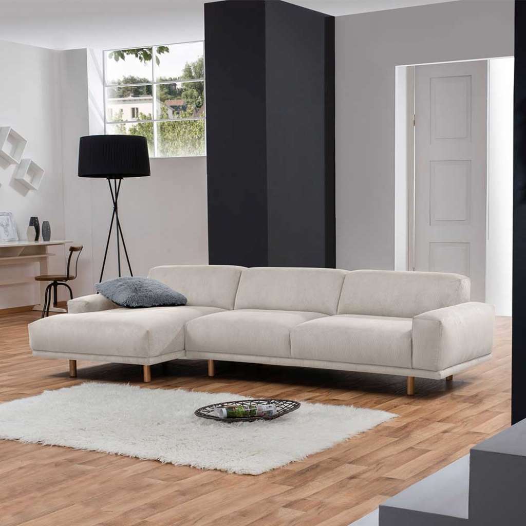 Ecksofa Skandi Stil in Beige Cord Fußgestell in Eichefarben