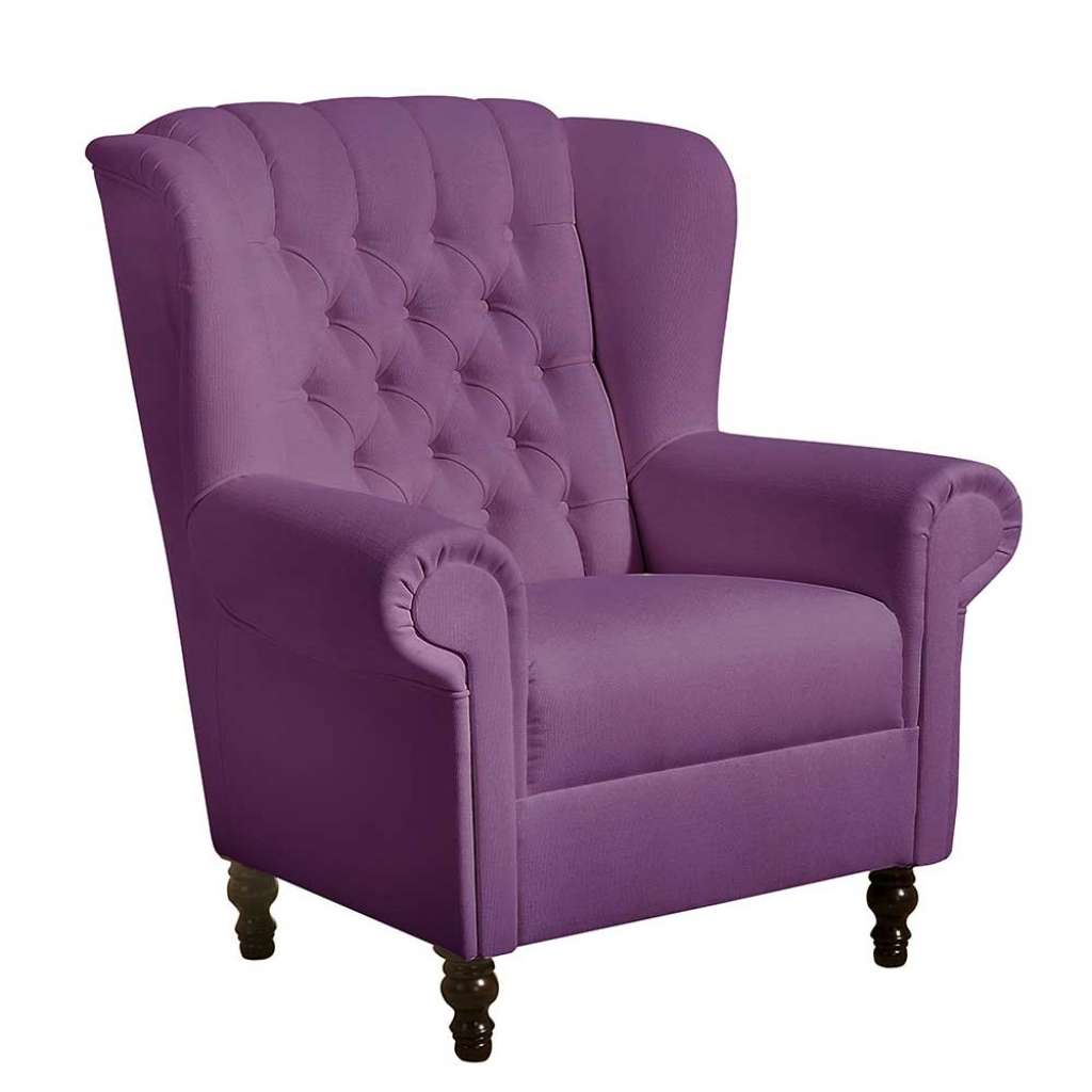 Chesterfield Ohrensessel in Lila Flachgewebe Vierfußgestell aus Holz