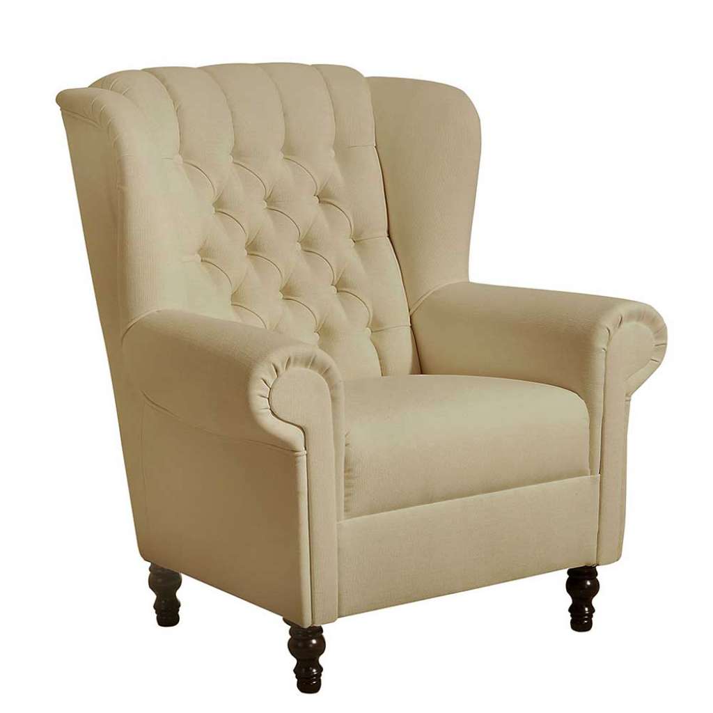 Chesterfield Ohrensessel in Beige Flachgewebe Vierfußgestell aus Holz