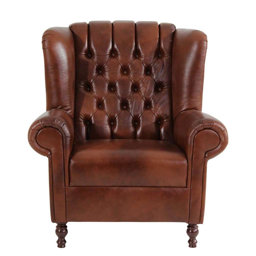 Brauner Chesterfield Ohrensessel aus Echtleder Vierfußgestell aus Holz