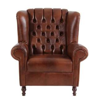 Brauner Chesterfield Ohrensessel aus Echtleder Vierfußgestell aus Holz