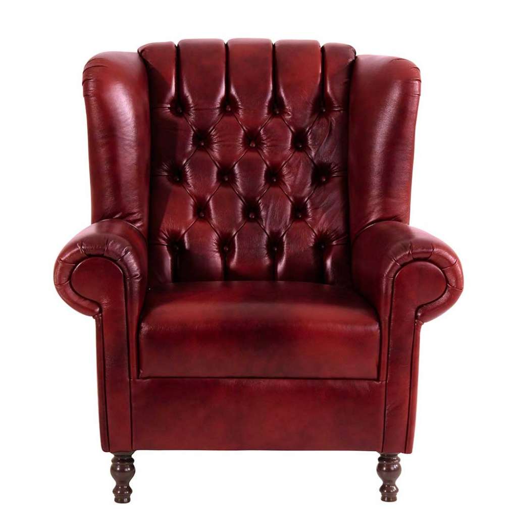 Dunkelroter Ohrensessel aus Echtleder Chesterfield Look